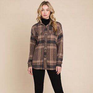 NWT Bombom Ladies Brown Plaid Long Sleeve Button Down Lightweight Shacket